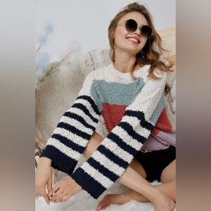 Newberry Kustoms Color Block Striped Fuzzy Knit Chunky Knit Pullover Sweater